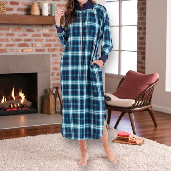PJs Long Sleeve Flannel Nightgown Women Zippered Housecoat Metropolitan Size XL - Picture 1 of 9